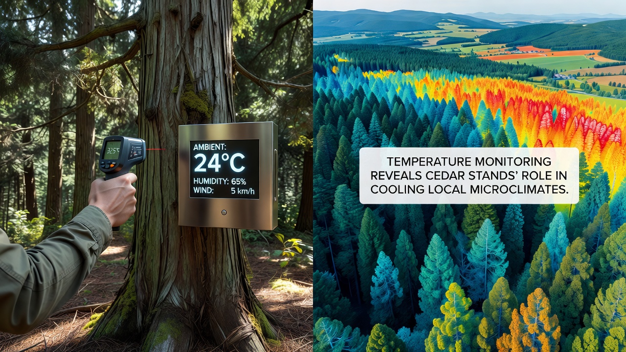 Close-up of temperature sensors installed within a cedar stand showing data collection in progress