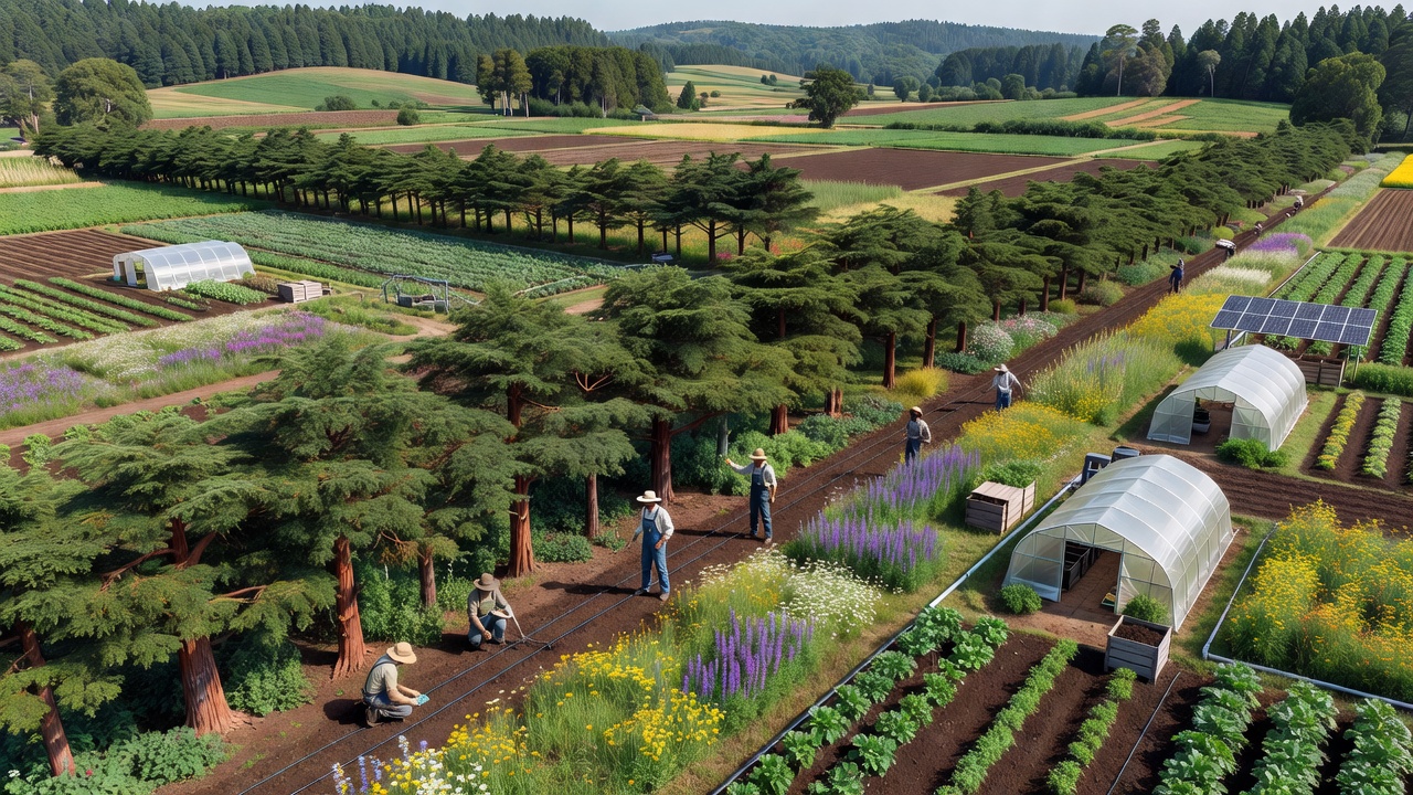 Farmers maintaining hedgerow corridors alongside cedar woodland edges in agricultural fields